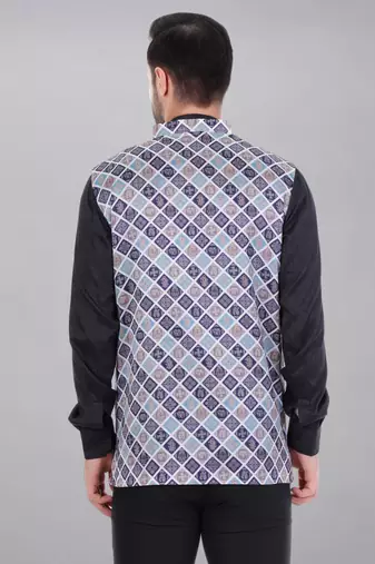  men's bandhej print ethnic nehru jacket - blue