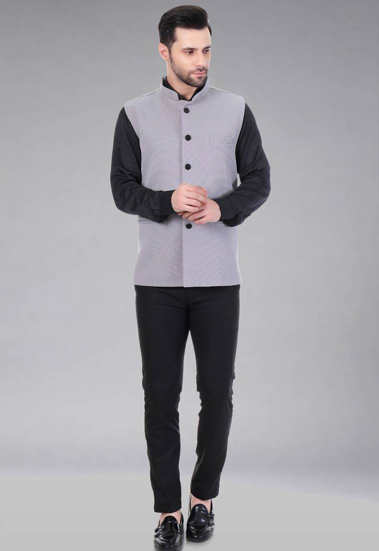  men's self texture nehru jacket - light grey