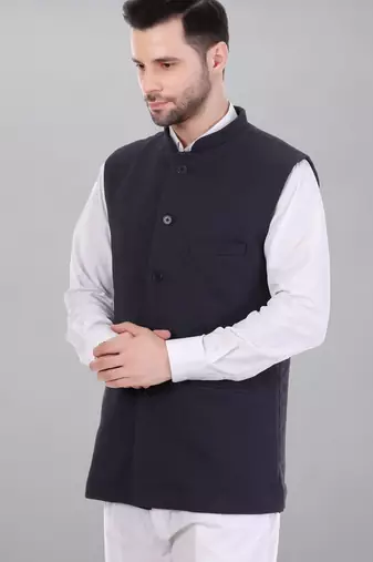  men's self texture nehru jacket - blue