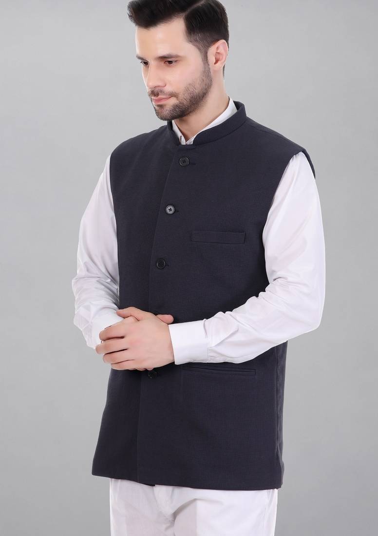  men's self texture nehru jacket - blue