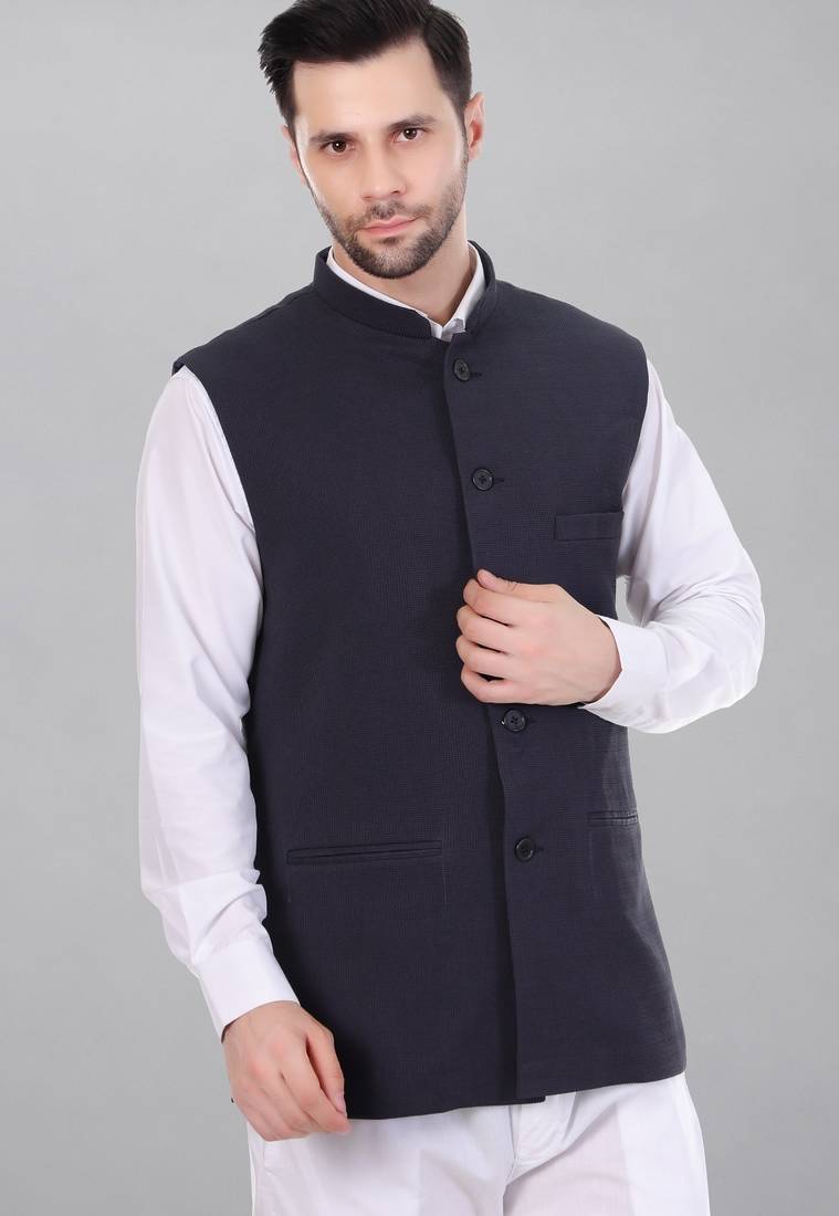  men's self texture nehru jacket - blue