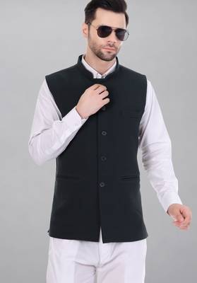  men's self texture nehru jacket - dark green 1