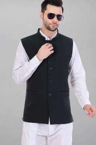  men's self texture nehru jacket - dark green