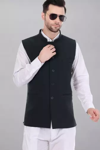  men's self texture nehru jacket - dark green