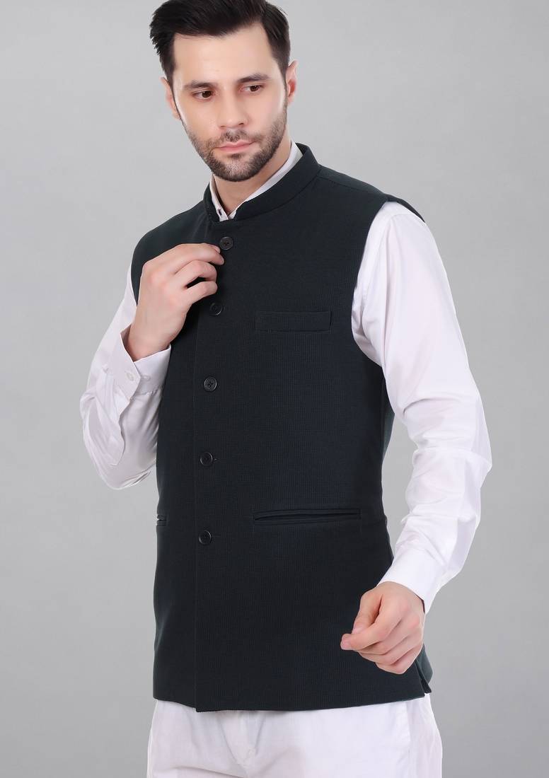  men's self texture nehru jacket - dark green
