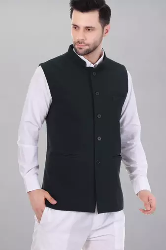  men's self texture nehru jacket - dark green