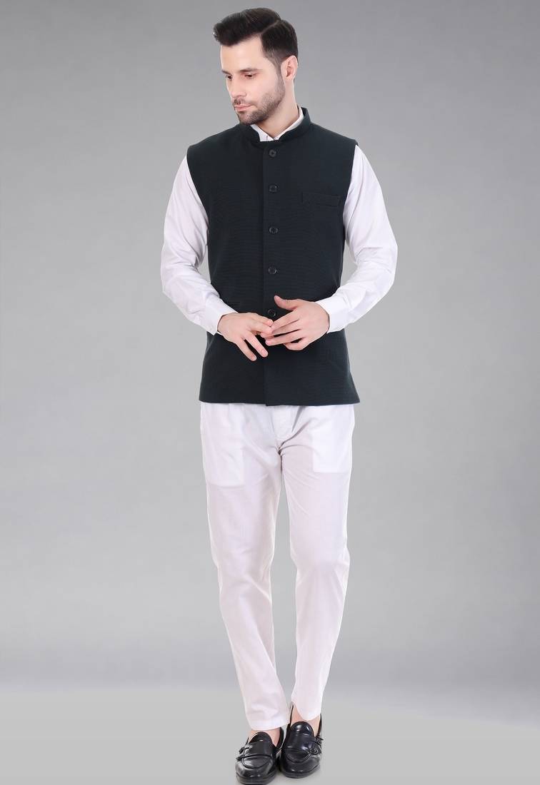  men's self texture nehru jacket - dark green