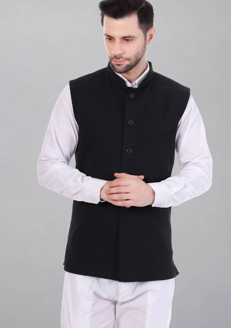  men's self texture nehru jacket - black