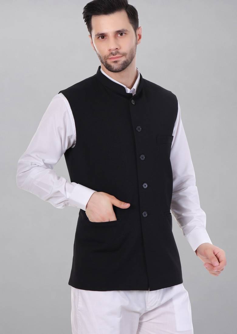  men's self texture nehru jacket - black