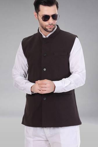  men's self texture nehru jacket - brown