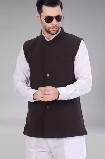  men's self texture nehru jacket - brown