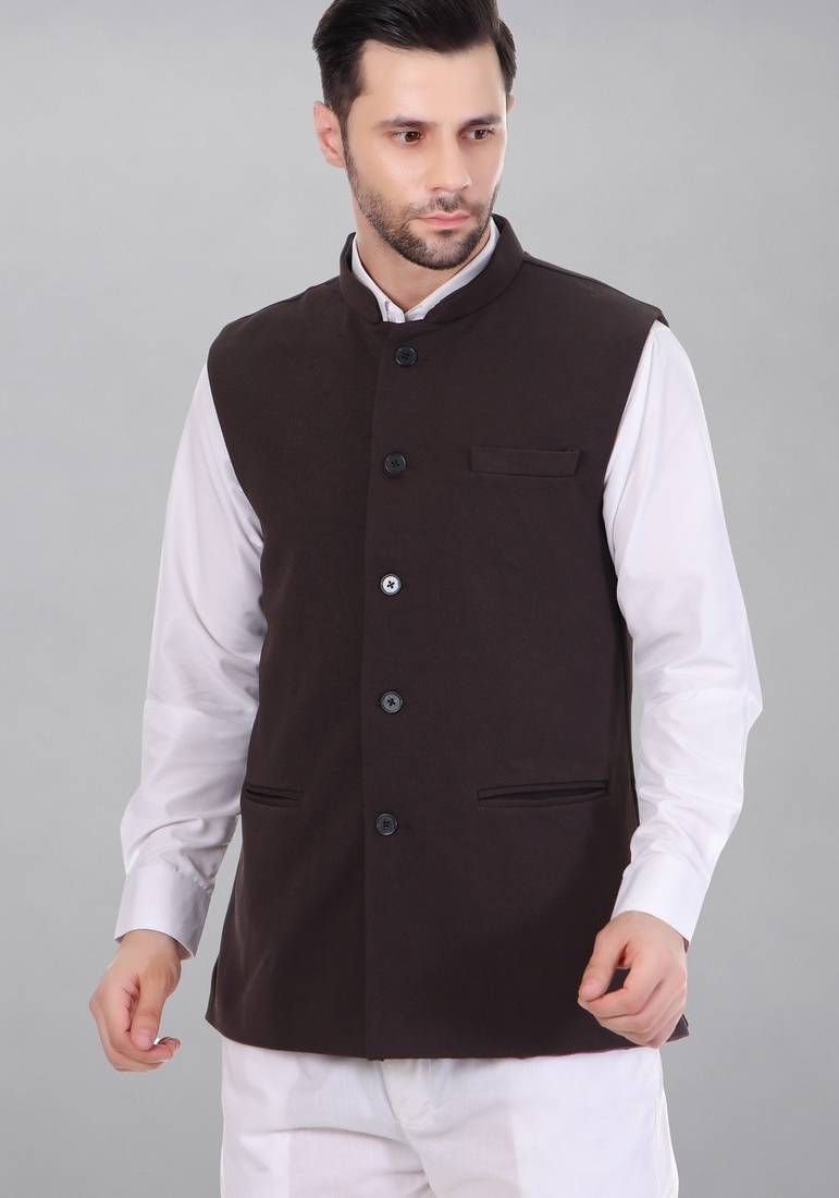  men's self texture nehru jacket - brown