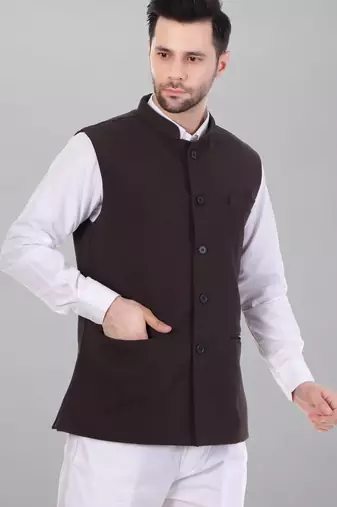  men's self texture nehru jacket - brown
