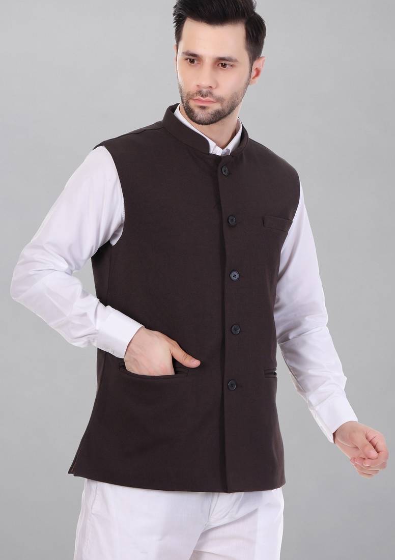  men's self texture nehru jacket - brown
