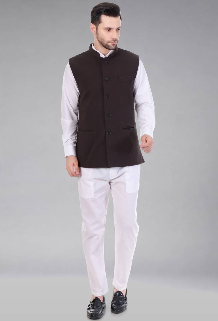  men's self texture nehru jacket - brown