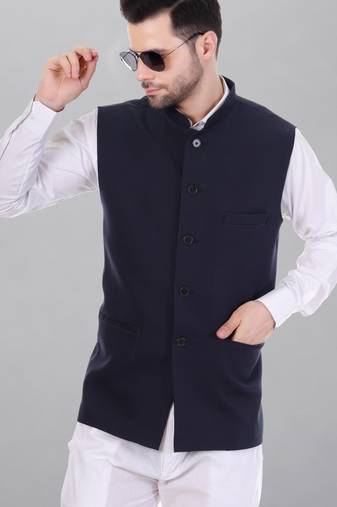 men's polycotton nehru jacket - navy blue