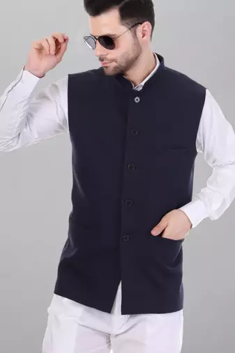  men's polycotton nehru jacket - navy blue