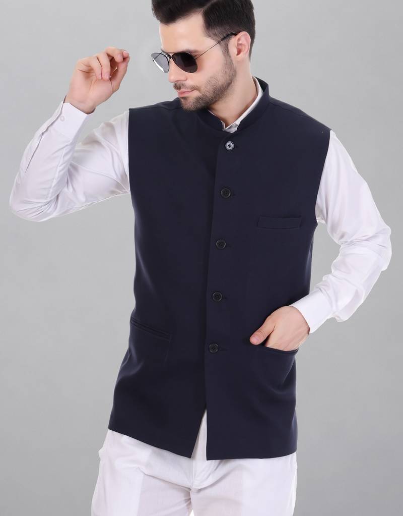  men's polycotton nehru jacket - navy blue