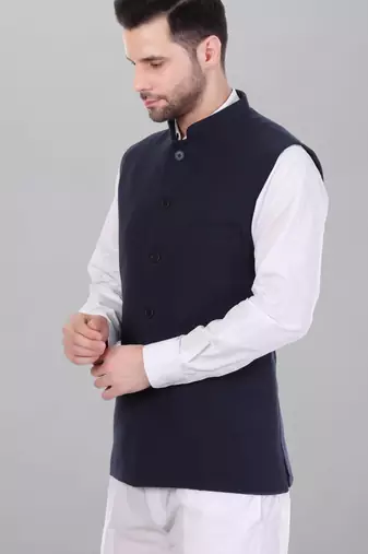  men's polycotton nehru jacket - navy blue