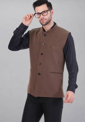  men's polycotton nehru jacket - brown 1