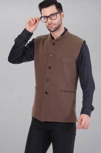  men's polycotton nehru jacket - brown