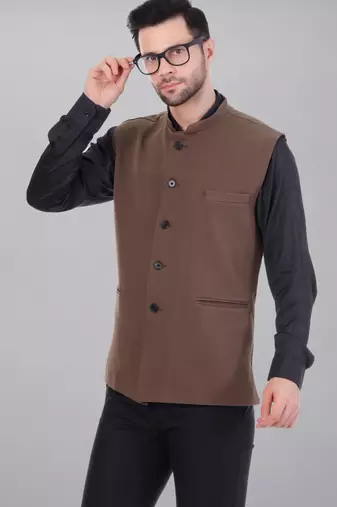  men's polycotton nehru jacket - brown