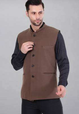  men's polycotton nehru jacket - brown 2