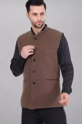  men's polycotton nehru jacket - brown