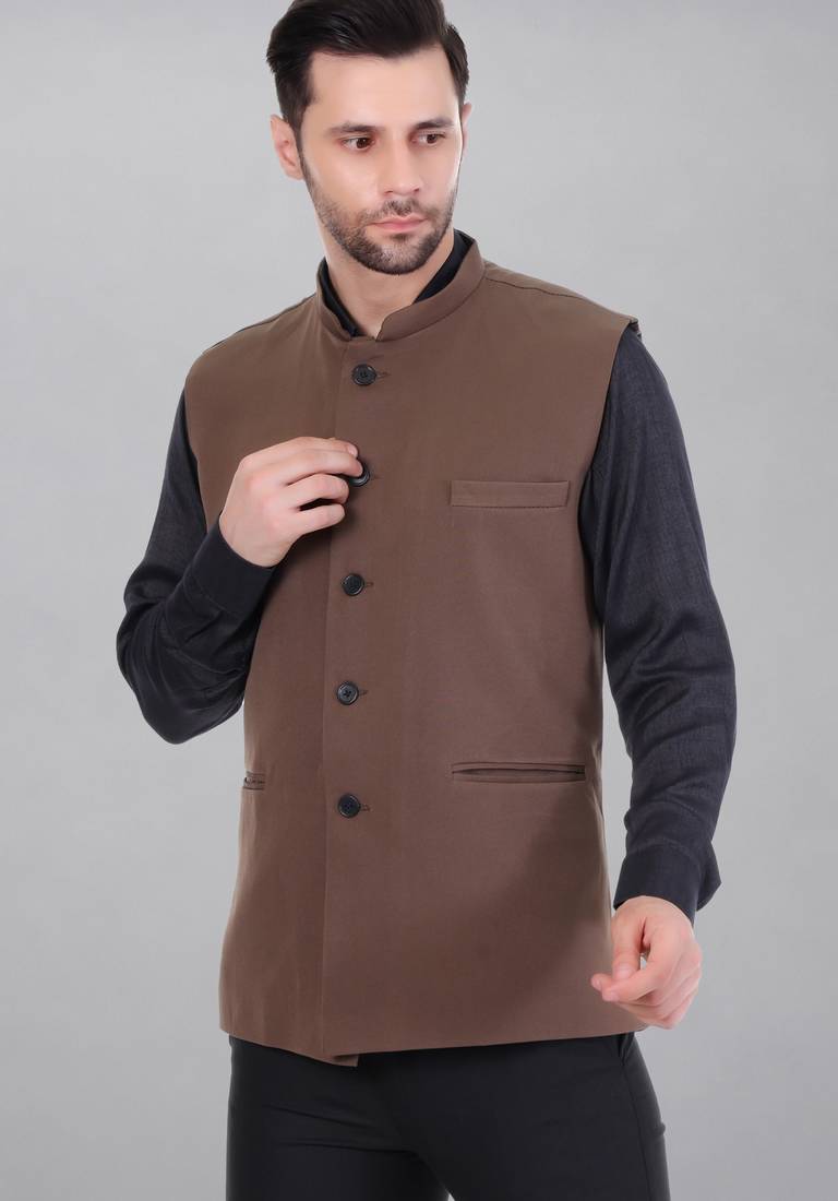  men's polycotton nehru jacket - brown