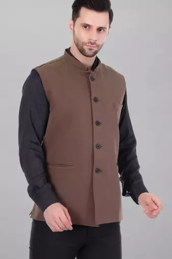  men's polycotton nehru jacket - brown