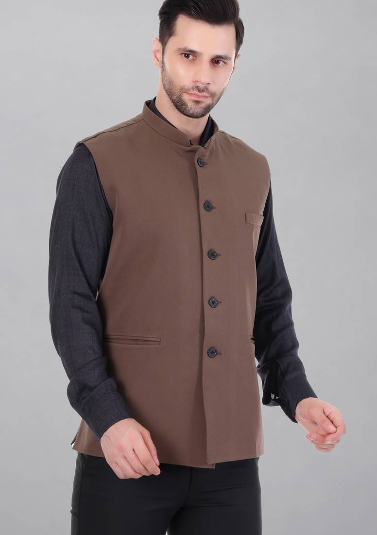  men's polycotton nehru jacket - brown