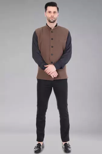  men's polycotton nehru jacket - brown