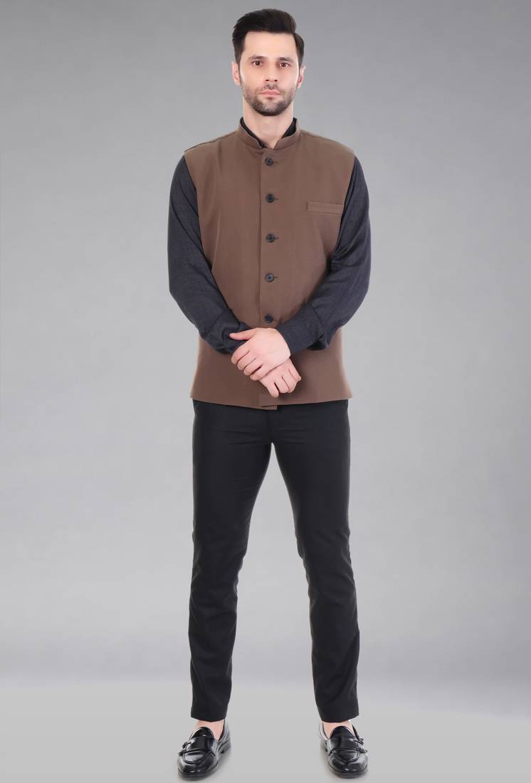  men's polycotton nehru jacket - brown