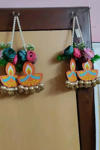 traditional diya floral artificial flower pearl hanging for festive home decoration pack of 2