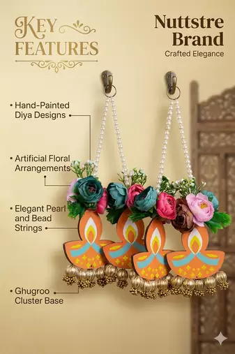 traditional diya floral artificial flower pearl hanging for festive home decoration pack of 2
