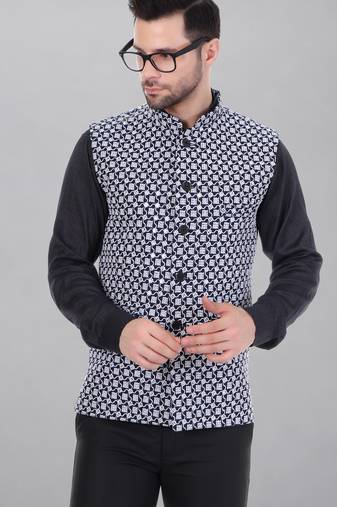 Veera paridhaan men's kashida embroidered nehru jacket - blue