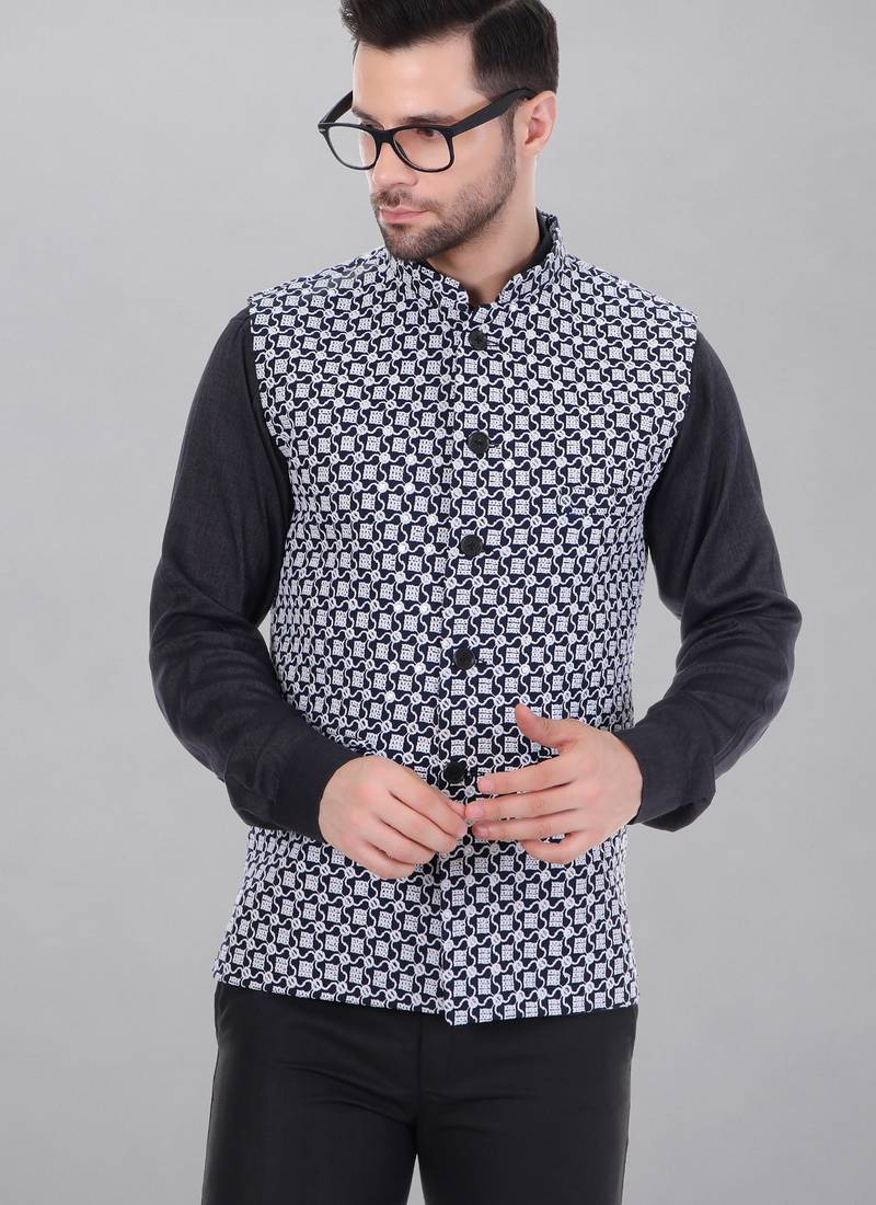 Veera paridhaan men's kashida embroidered nehru jacket - blue