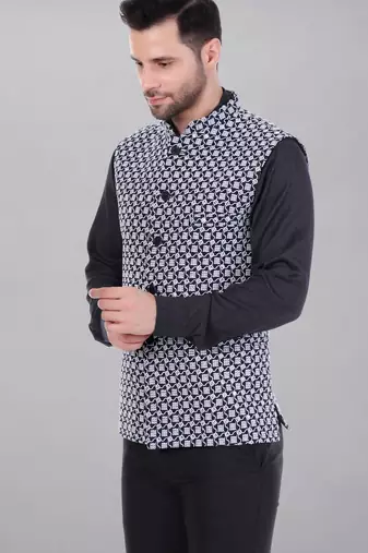 Veera paridhaan men's kashida embroidered nehru jacket - blue