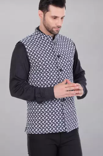 Veera paridhaan men's kashida embroidered nehru jacket - blue