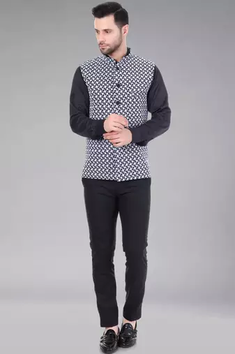Veera paridhaan men's kashida embroidered nehru jacket - blue