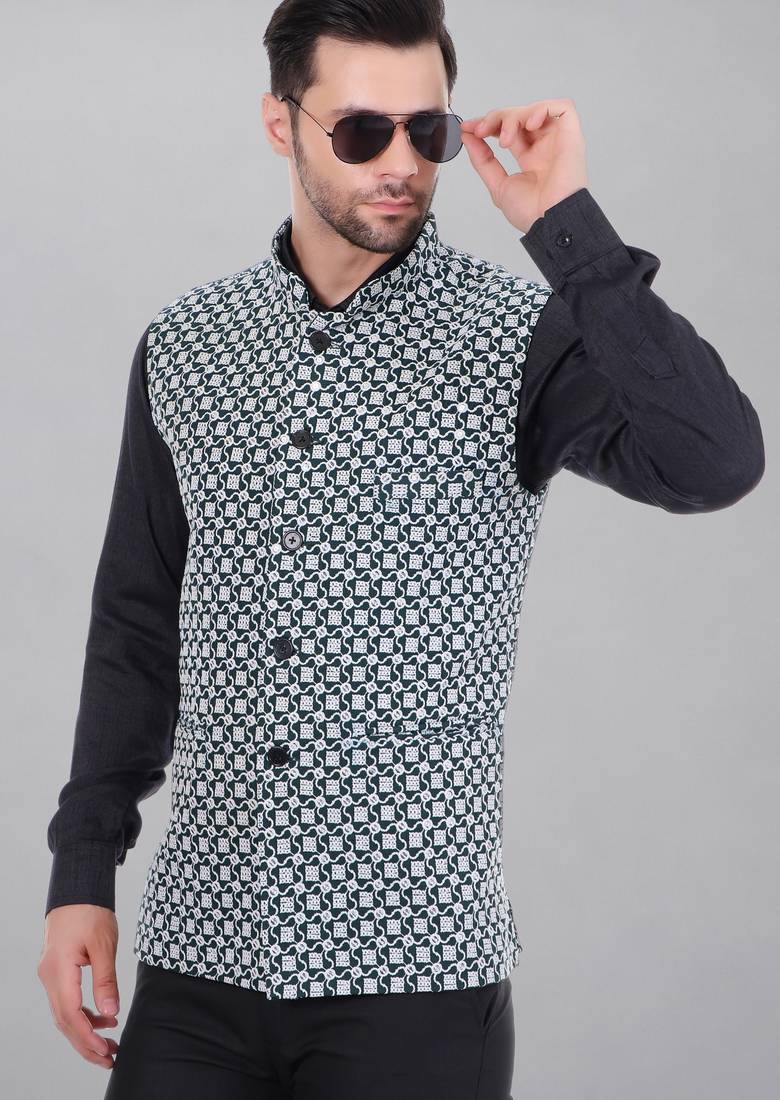  men's kashida embroidered nehru jacket - green