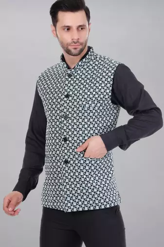  men's kashida embroidered nehru jacket - green