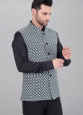  men's kashida embroidered nehru jacket - green 3