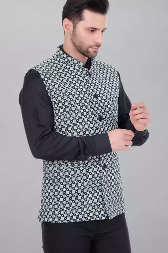  men's kashida embroidered nehru jacket - green