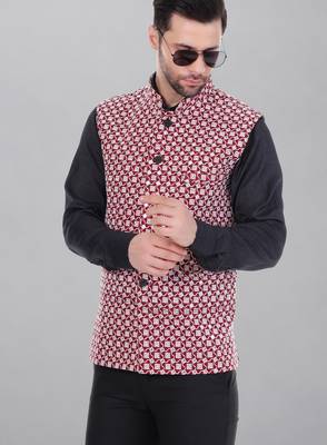  men's kashida embroidered nehru jacket - red 1