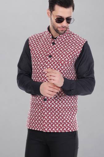  men's kashida embroidered nehru jacket - red