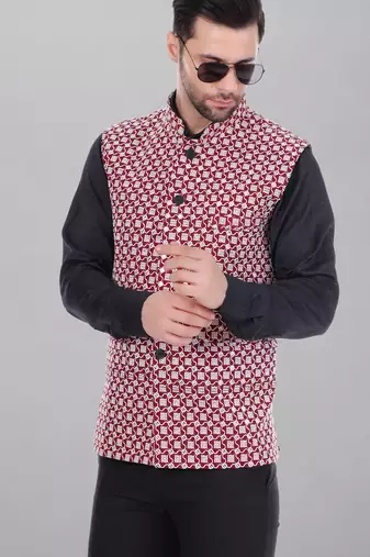  men's kashida embroidered nehru jacket - red