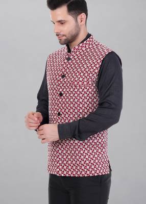 men's kashida embroidered nehru jacket - red 2