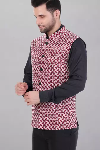  men's kashida embroidered nehru jacket - red
