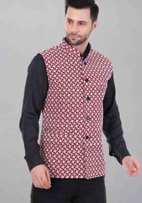 men's kashida embroidered nehru jacket - red 3